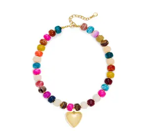 MIAZQ Dopamine Chunky Colorful Bead Necklace with Gold Heart Pendant Statement Summer Beach Jewelry