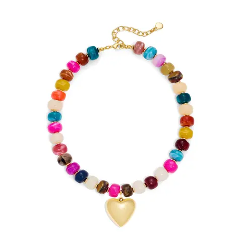 MIAZQ Female Bold Chunky Beaded Colorful Sparkling Alloy PU Necklace - Lightweight Golden Heart Pendant Accessory, Summer Beach Statement Costume Jewelry