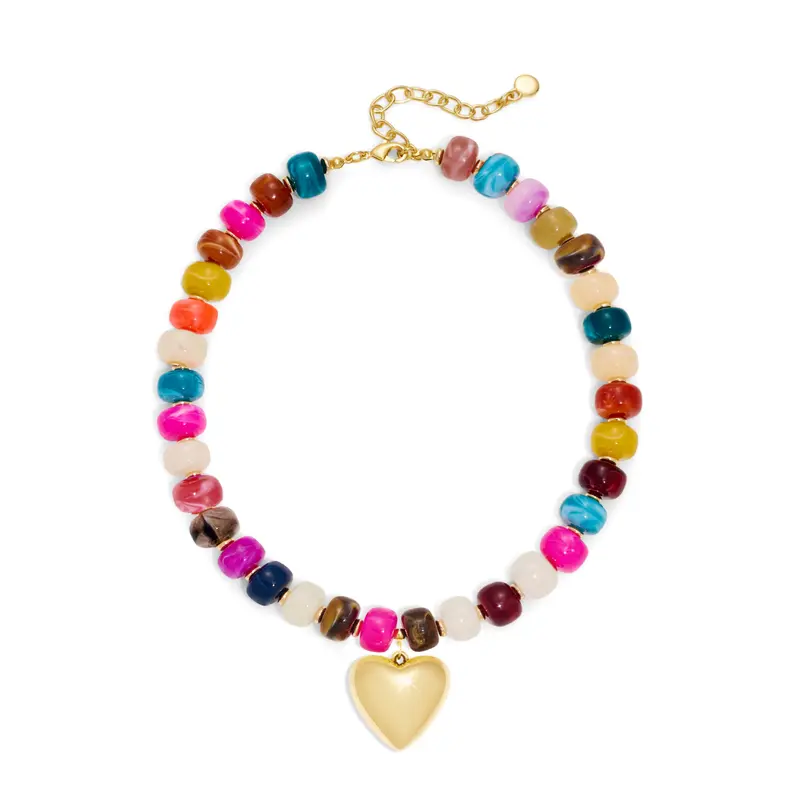 MIAZQ Female Bold Chunky Beaded Colorful Sparkling Alloy PU Necklace - Lightweight Golden Heart Pendant Accessory, Summer Beach Statement Costume Jewelry