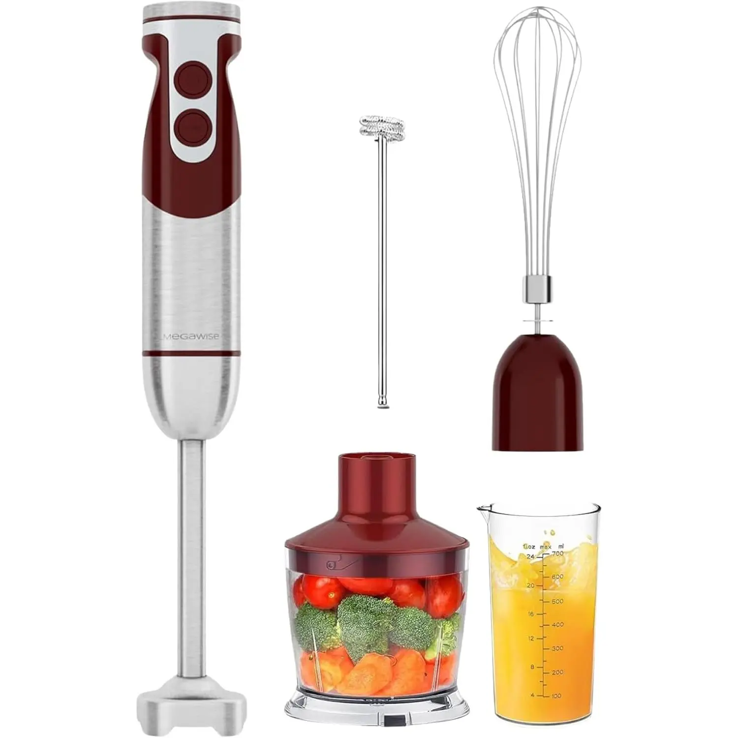 5-in-1 Immersion Hand Blender Set with Variable Speed, 400W, Stainless Steel - Includes Chopper, Whisk, Milk Frother, and Beaker - Ideal for Soups, Smoothies, Baby Food & More (RED)