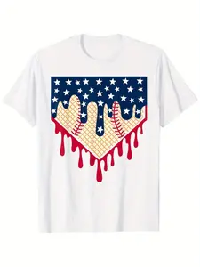 1Baseball Drip Boy Ice Cream Patriotic American Flag 4th July T-Shirt for Boys Fashion Trend Bottoming Shirt Breathable, Casual Comfortable Top Streetwear Fashion Casual Summer Tee Crew Neck Short Sleeve T-Shirt Best Gift for Boy Girl