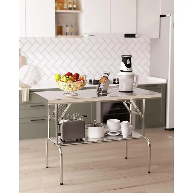 MERXENG Stainless Steel Folding Table 48" x 24" with Undershelf, Heavy Duty Commercial Kitchen Prep Table for Home, Restaurant, Hotel