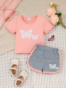 Girls' Butterfly Print Short Sleeve Shorts Set, Soft Breathable Fabric, Cute Elastic Waist, Suitable for Ages 9 Months-4 Years, Versatile Use