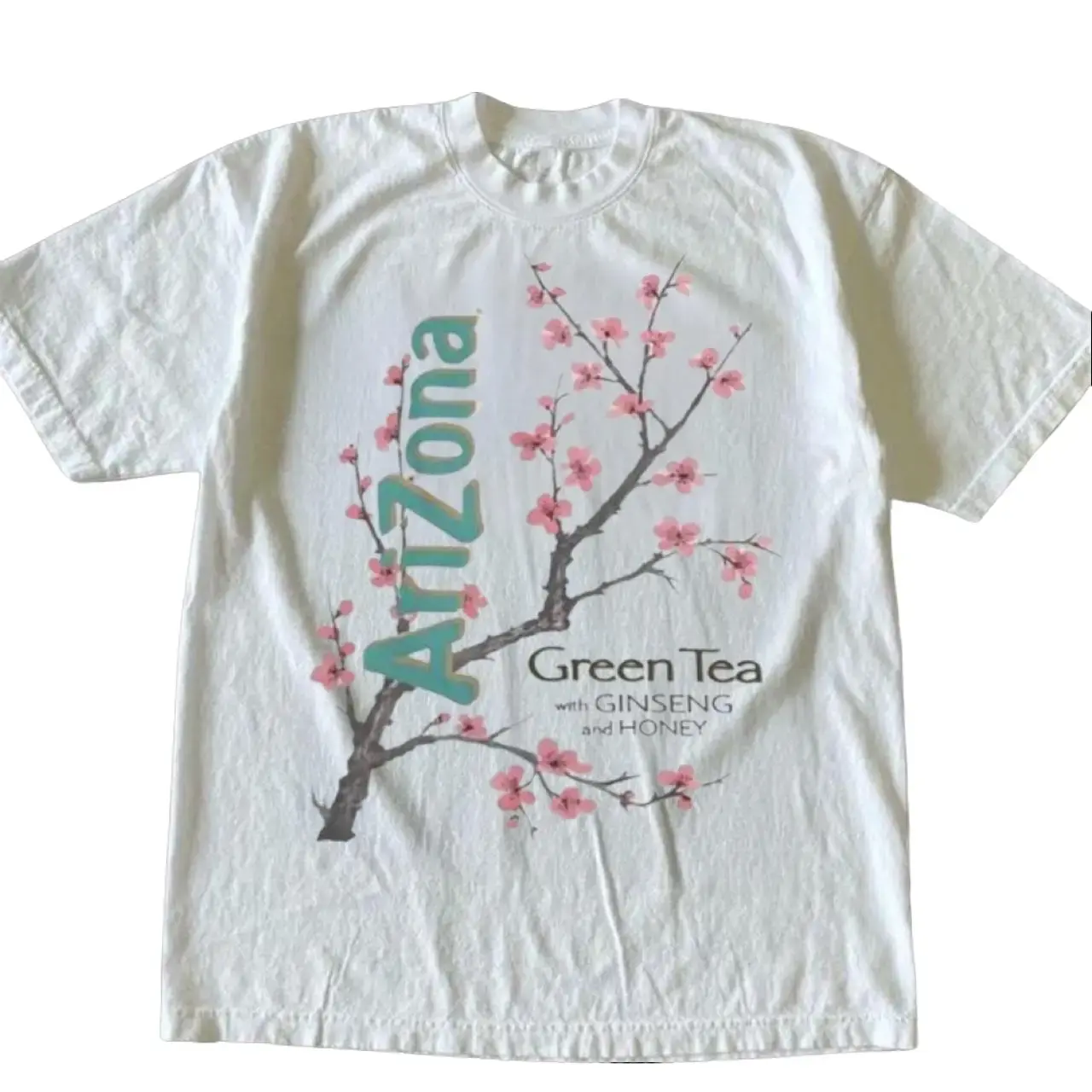 Arizona Green Tea with Ginseng and Honey T-shirt with pink cherry blossom branches graphic