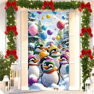 1pc Christmas party banner, made of polyester material, with cute little penguin background pictures, suitable for indoor and outdoor decoration, festival decoration, Christmas party decoration, and photography background decoration
