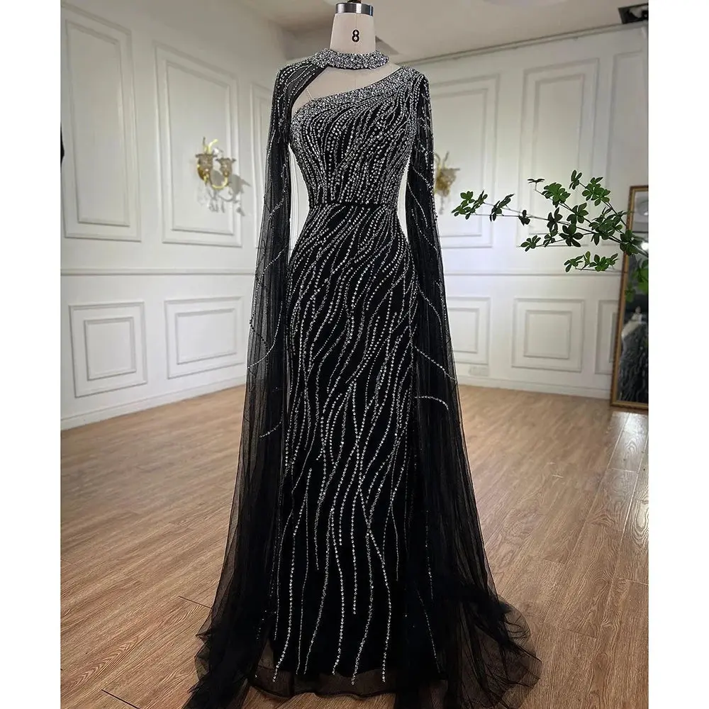 Black Mermaid Elegant Cape Sleeves Beaded Luxury Evening Dress Gown for Women's Arabic Party 2025