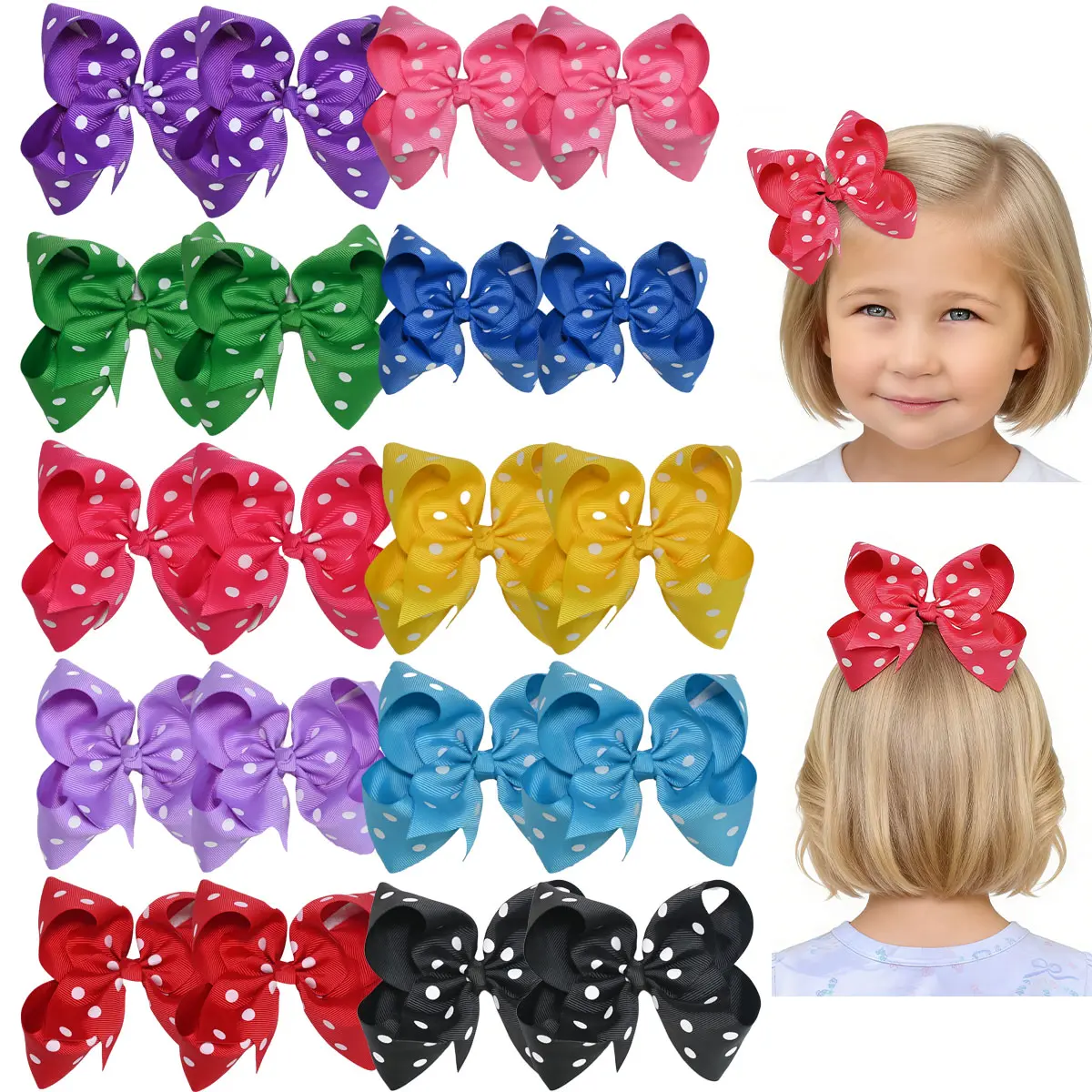 Summervibes JoyBowie 10pcs 5-inch Soft Silk Polka Dot Bow Hair Accessory for Girls with Alligator Clip, Suitable for Newborn and Baby Girl Hairstyles