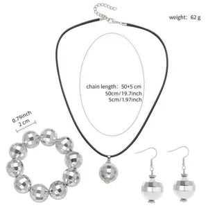 1set Disco Ball Round Silvery Reflective Mirror Beads, Bangle Necklace Jewelry Earrings, Retro Clothing Accessories, Holiday Party Gift, DIY Crafts Jewelry Accessories, Vintage Jewelry Set