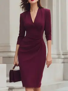 Women's Plain Ruched Wrap V Neck Bodycon Dress, Elegant Formal Wear 3/4 Sleeve Midi Dress for Work Office Business, Ladies Clothes for All Seasons