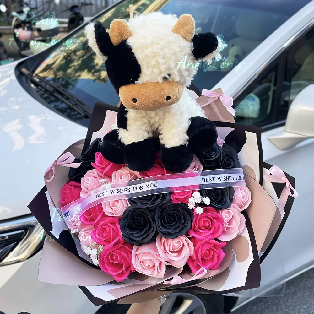 34 DIY Rose Artificial Flowers Cow Plush Doll Bouquet, Artificial Roses Bouquet, Unique Handmade Gift for Special Occasions, Beautiful Decorative Floral Arrangement, Decoration Bouquet, Artificial Flower Decorations