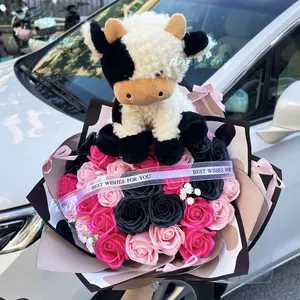 34 DIY Rose Artificial Flowers Cow Plush Doll Bouquet, Artificial Roses Bouquet, Unique Handmade Gift for Special Occasions, Beautiful Decorative Floral Arrangement