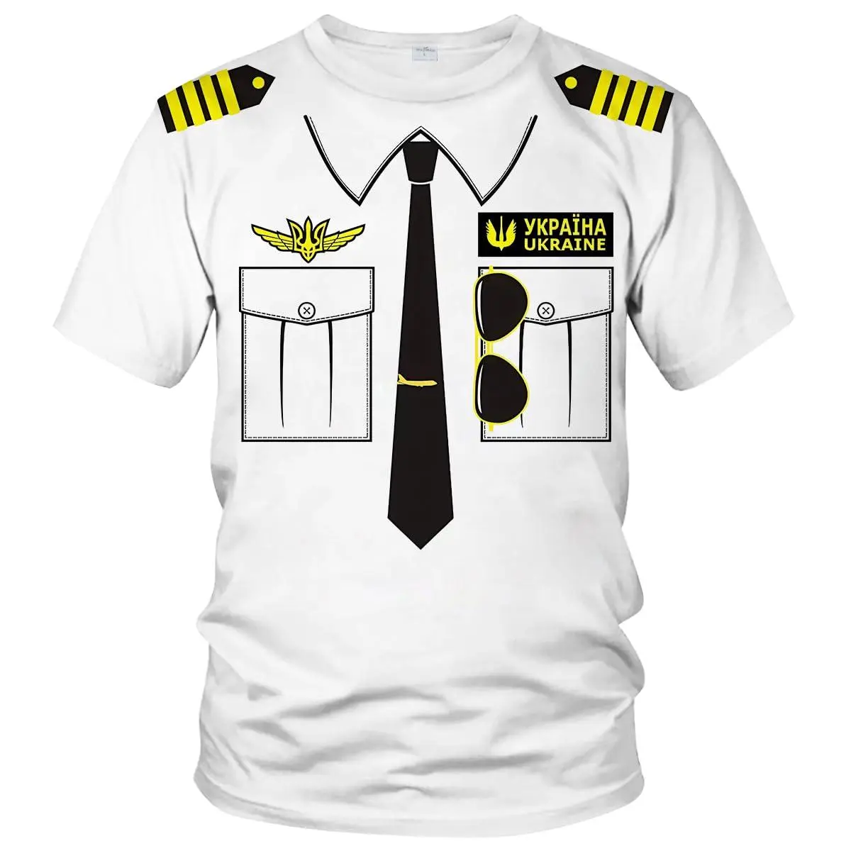 Women's Printed Tshirt with Ukraine Pilot Graphic - Casual Short Sleeve Top with Epaulettes, Tie Detail, and a Relaxed Cut, Breathable, Streetwear, Pilot Theme, All Over Print, Shortsleeve, Fabric