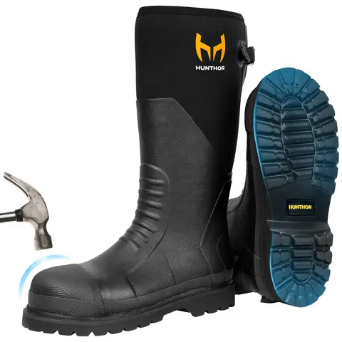 Hunthor Men's Steel Toe 100% Waterproof Rubber Work Footwear, 6mm Neoprene Closed Shoes with 1100N Puncture-Proof Shank, Lightweight Anti-Slip EVA Outsole, Above-Ankle Below-Knee All-Season for Construction Workers (Sizes 6-14, Casual Basic Design)