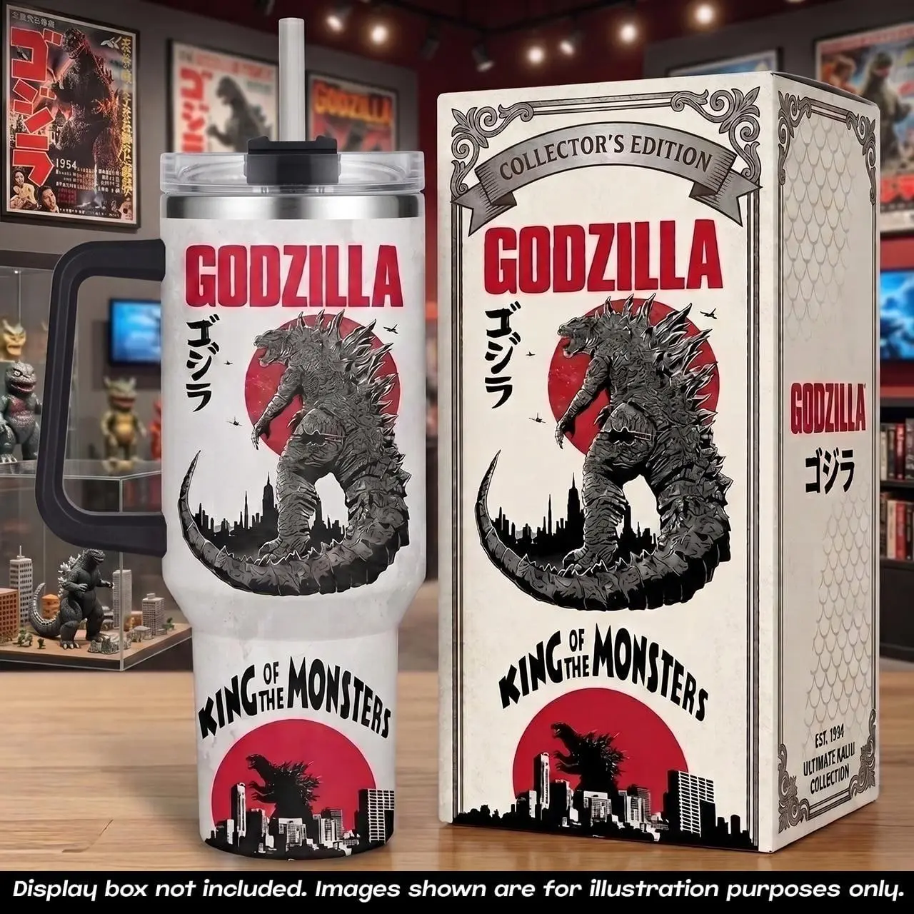 Godzilla King of the Monsters Tumbler with Handle, 40oz Insulated Stainless Steel Travel Mug Straw, Vintage Japanese Poster Kaiju Gojira Car Cup, Sci-Fi Monster Movie Gamer Collector Merch Gear Gift Idea Retro Home Decor Accessories Men Women