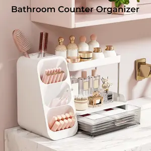 UFORU  Makeup Organizer with Multi-Compartment Brush Holder, 3-Tier Vanity Storage Shelf with Clear Drawer, Cosmetic & Skincare Organizer for Bathroom Counter, Bedroom Dresser & Desktop, Mother's Day Gift