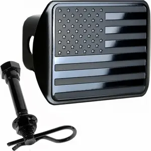 USA Stainless Steel Flag Emblem Metal Cover with Pin Bolt (Fits 2" Receivers, Black)