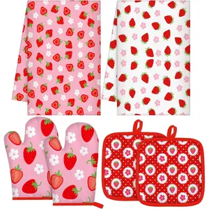 6 Pcs Strawberry Kitchen Decor Accessories Include 2 Strawberry Towels 2 Pink Pot Holders 2 Cute Oven Mitts for Kitchen Bathroom Decor Baking Cooking Ideal Housewarming Gift
