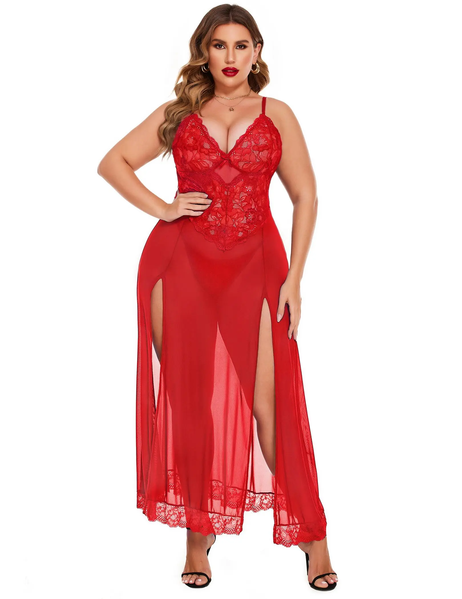 Women's Plus Size Mesh Maxi Nightdress - Spandex Lingerie, Adjustable Straps, Side Slits, Gorgeous Exotic Sleepwear for Bridal & Maternity Use, Sheer