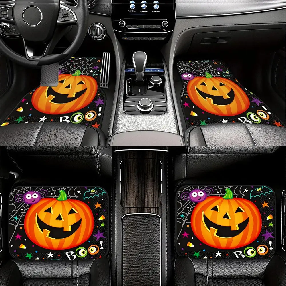 Halloween Pumpkin Boo Universal Car Floor Mats Funny Jack O Lantern Spider Web Pattern 4pcs Set Anti Slip Automotive Interior Decor Vehicle Carpet Mats Front And Rear Accessories
