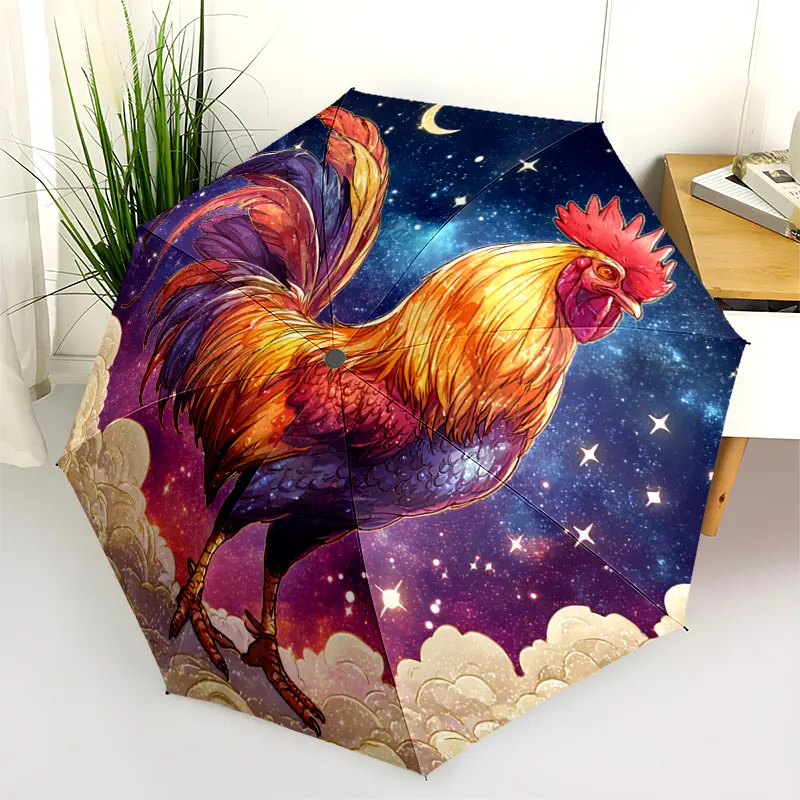 1 PC Automatic Folding Umbrella - Galactic Rooster: Celestial Cock Illustration Pattern, Portable & Foldable Design with 8 Ribs, Merry Christmas Pattern,Casual Outdoor Accessory Halloween and Christmas Birthday Gifts. D0050