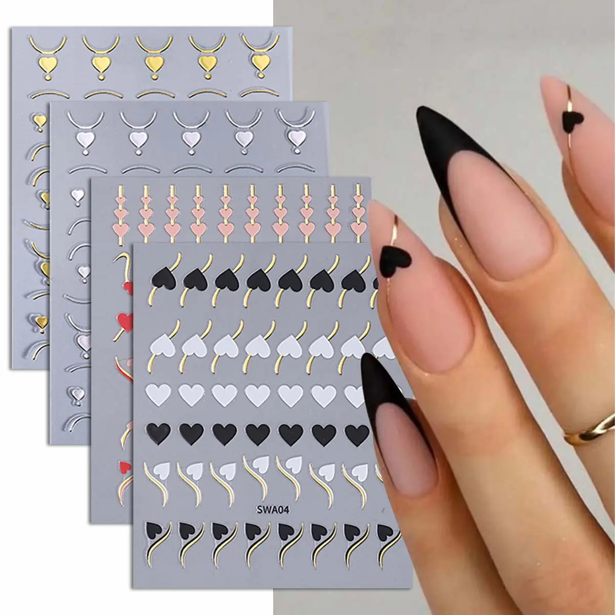 4 Sheets Valentine's Day 3D Nail Art Stickers, Nail Art Diy, French Line Love Heart Design, Perfect for Women & Girls, Holiday Decoration, Nail Art Products