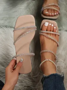 Summer New Fashion Rhinestone Flat Sandals, Square Toe PU Shoes, Casual Beach Slippers for Dating Shopping Parties Business Women