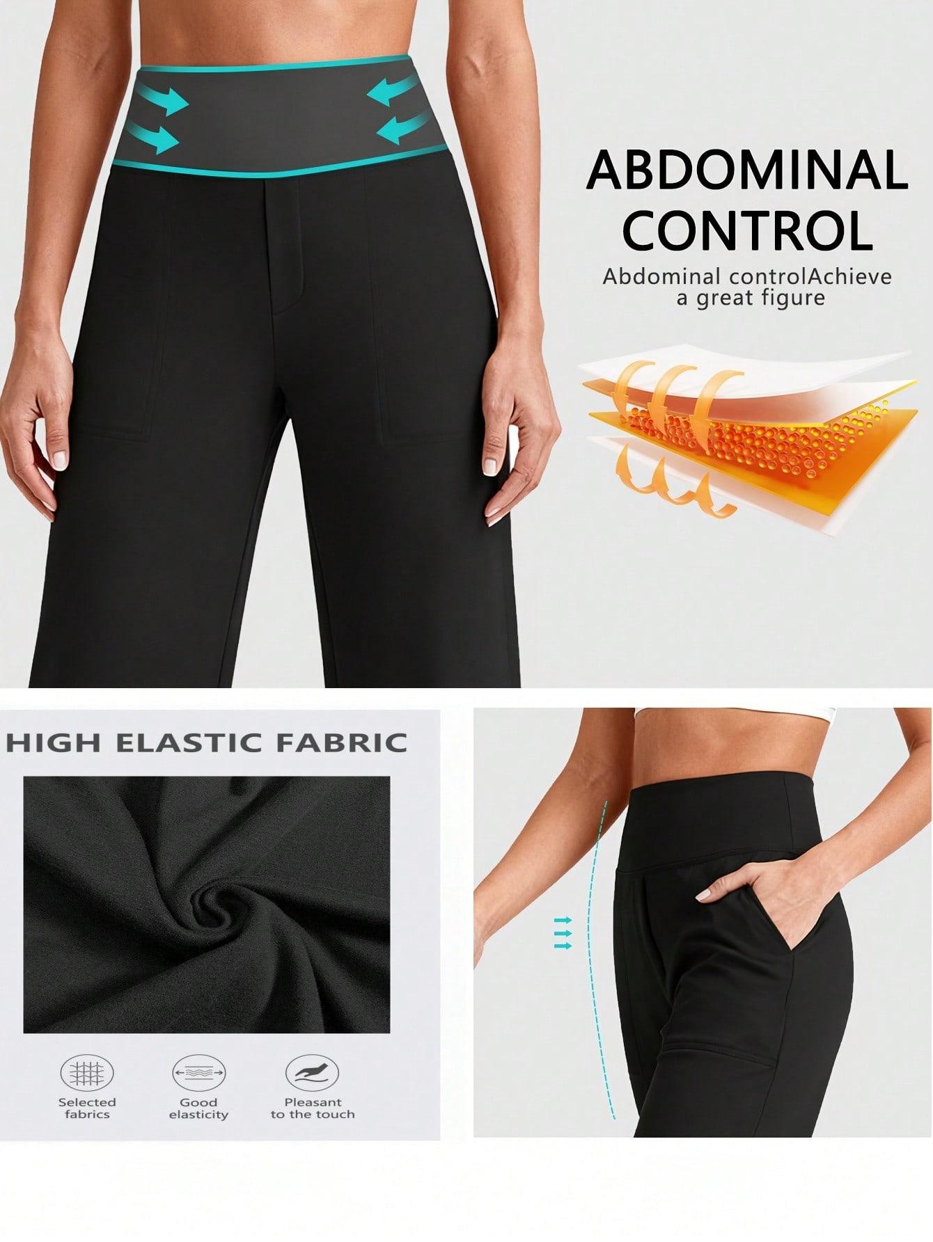 A Two-Piece Set of Breathable, Loose-Fitting, Straight-Leg Pants for Women, Perfect for Yoga, Walking, And Casual Outings, Featuring Side Pockets, Elegant Plus Size Stretch Straight-Leg Pants for Women - Solid Color, High Waist, Comfort Fit for Spring