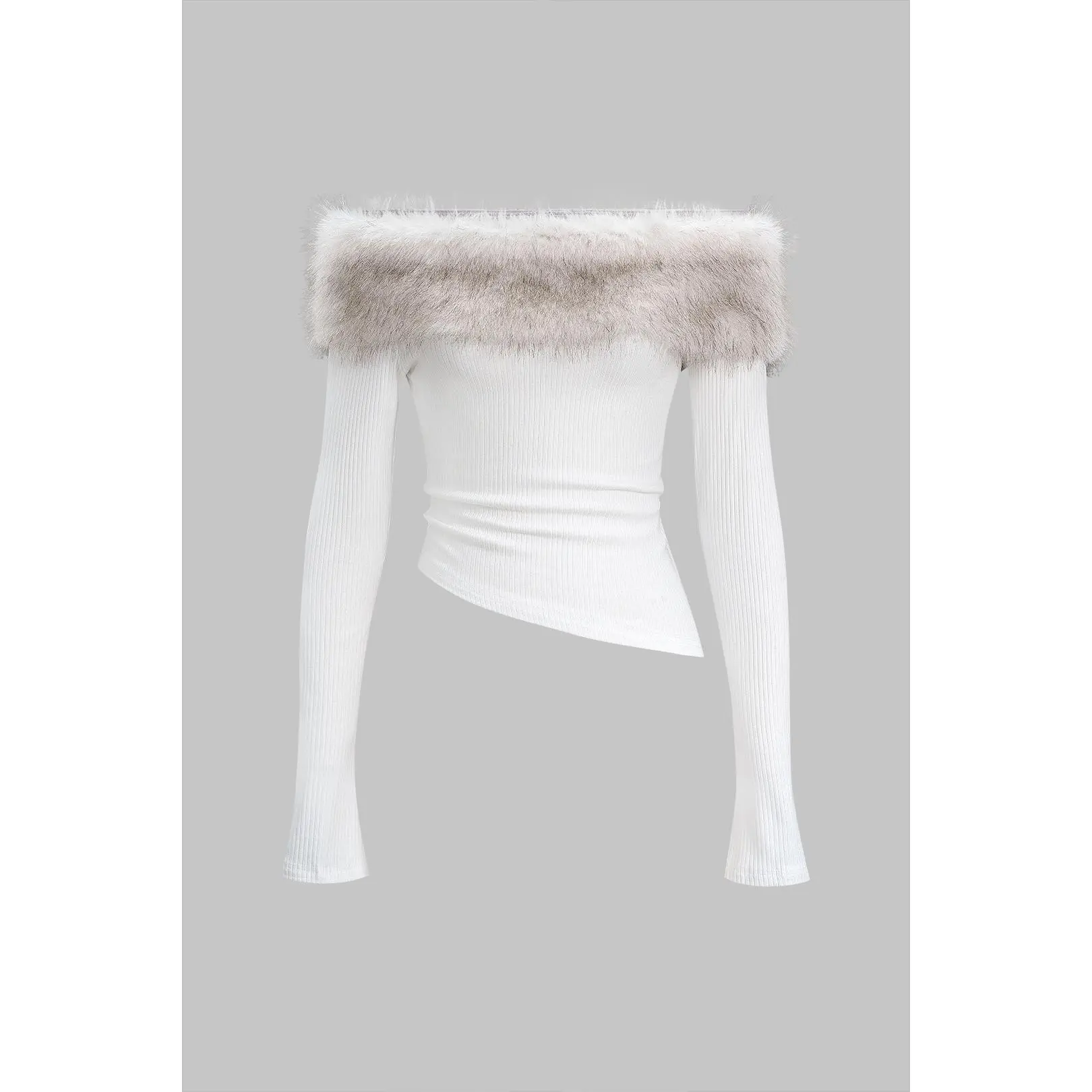 Women's Fitted Faux Fur Patchwork Off-Shoulder Long-Sleeve Jersey Top