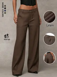 Women's Classical Linen Palazzo Pants Summer Flowy Wide Straight Leg Beach Trousers With Pocket Casual Solid Color Soft Elastic High Waist Lounge Pants Travel Vacation Bottoms Date Brunch Home Work Streetwear Outfit
