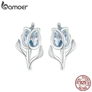925 Sterling Silver Blue Exquisite Spinel Tulip Earrings Flower Stud Earrings for Women Party Fine Jewelry