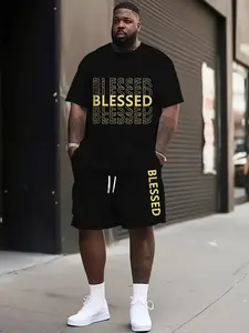 Men's Plus Size Casual Fashion Menswear Matching Set, Blessed Print Round Neck T-Shirt and Shorts, Short Sleeve, Loose Fit, All Seasons