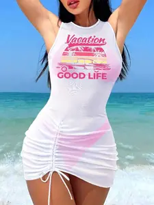 Women's Halter Triangle Bikini Three-Piece Set, Drawstring Bathing Suit, Solid Color Tie Back Backless Swim Top & Swim Bottom & Graphic Print Drawstring Round Neck Sleeveless Cover Up Dress Set, Ladies Swimsuit for Beach Holiday Vacation