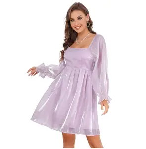 Womens Puff Sleeve Square Neck Puffy Dress Babydoll Mesh Minidress Purple 2XL