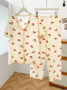 Women's Plus Size Sleepwear Set, Short Sleeve Top and Long Pants, Striped Cherry Pattern, Polyester Non-Elastic Fabric, Home Wear