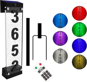 Solar House Numbers for Outside, Acrylics Solar Address Sign with Iron Stakes,  RGBW Color Changing Remote Control, Lighted Modern Address Plaque Solar  for Street Yard