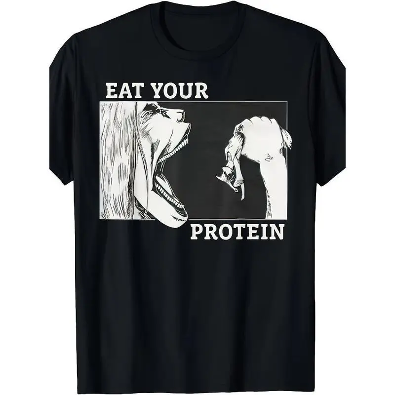 100% Cotton Short-Sleeve Casual Loose T-Shirt for Men - Funny "Eat Your Protein" Anime Gym Bodybuilding Tee, Breathable Fabric Menswear Sports Top, Shortsleeve, Round Neck