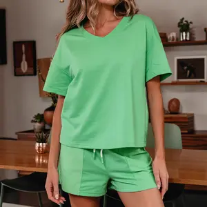 Women's 2 Piece Summer Lounge Sets V Neck Short Sleeve Patchwork Tops and Drawstring Shorts Outfits Plus Size Casual Sweatsuits