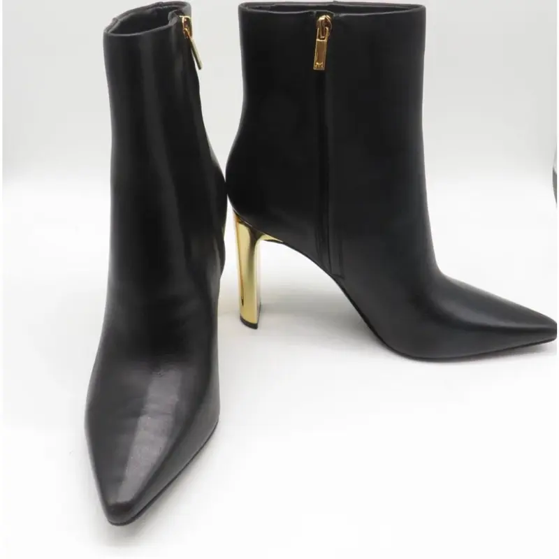 Marc Fisher Talyna3 Black Leather Ankle Booties Gold Block Heel