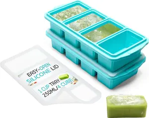 Silicone Freezer Tray With Lid - Soup Freezer Container molds - Large Ice Cube Tray- makes 8 perfect 1 cup portions cubes, 2-Pack Freezer Storage Food Soups & Meal Prep - Oven & Dishwasher -Safe