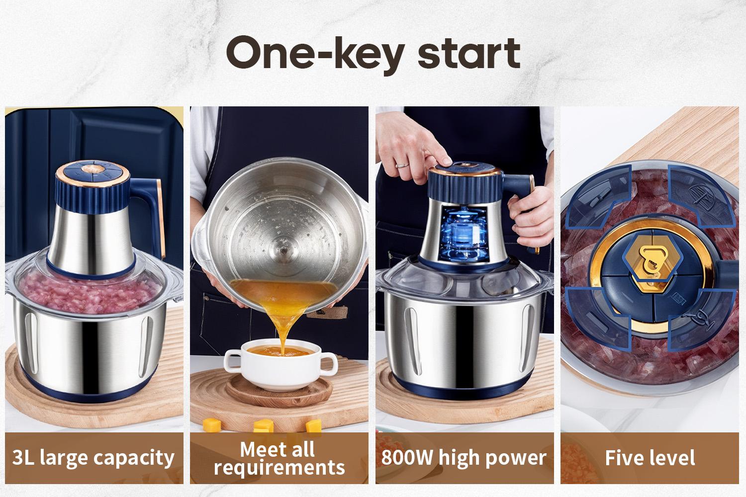 5-liter electric food processor features a stainless steel mixing bowl, is multi-functional, and can be used to process meats, vegetables, fruits, and nuts. It includes a plastic scraper, has a compact design, and is easy to use.