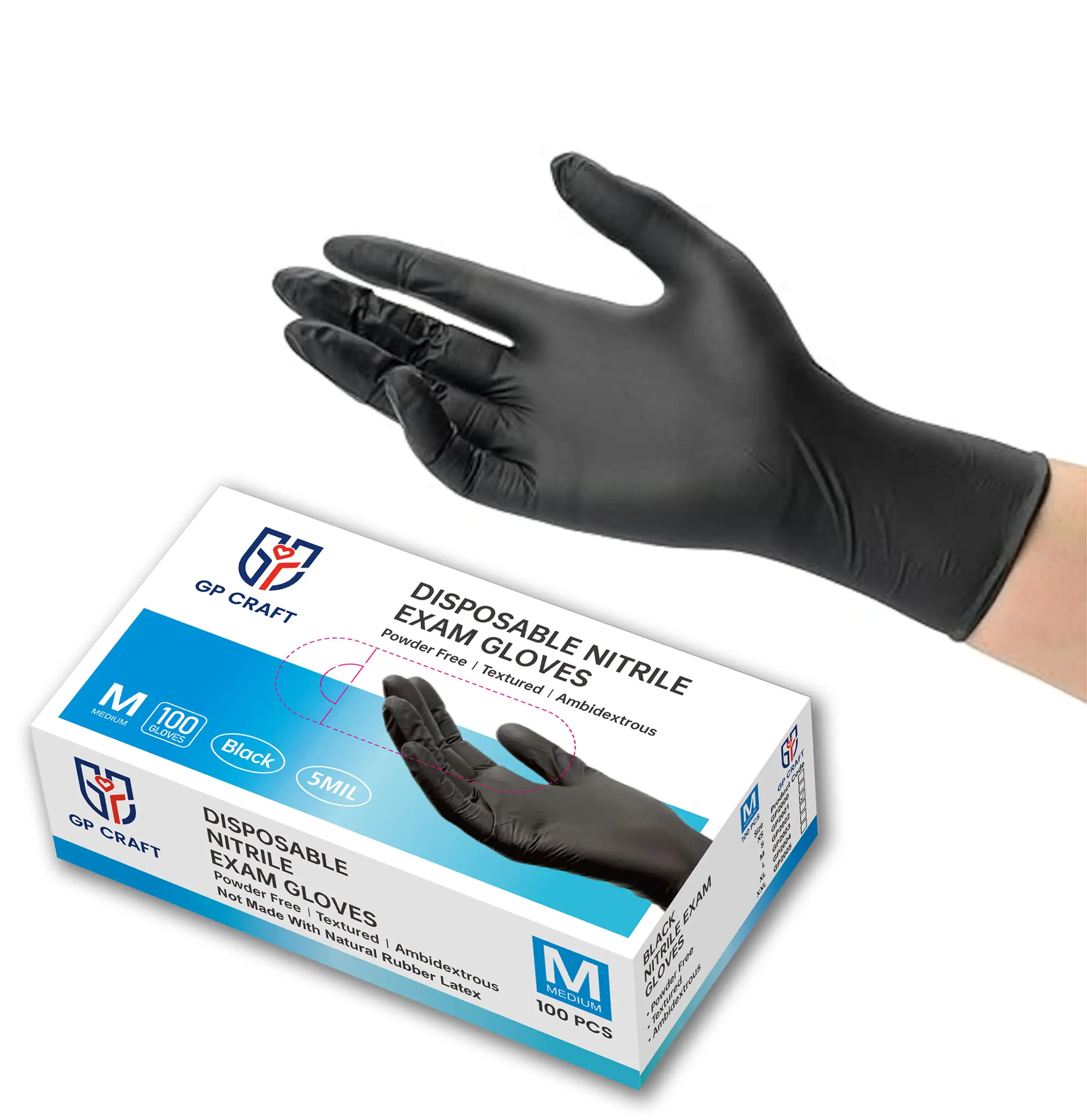 GP Craft Black Nitrile durable disposable gloves, 5 mil, powder free and latex-free, elastic, wear resistant, clean and waterproof Hand Thick Cleani