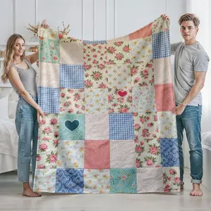 Floral Patchwork Quilt Blanket with Heart Pattern Vintage Style Cozy Throw for Home Decor Bedroom Living Room Suitable for Couples Housewarming Gift and Romantic Anniversary Present Perfect for Valentine's Day or Weddi