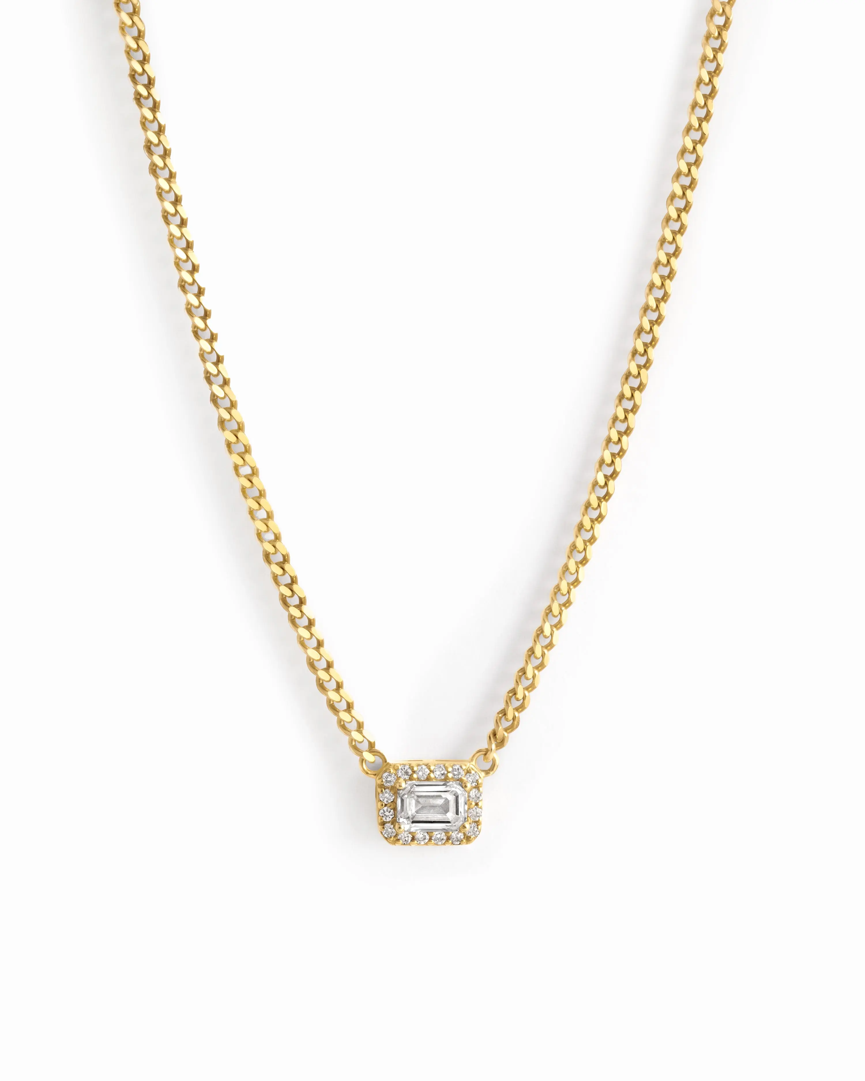 Sami Jewels Halo Emerald Cut on Cuban Chain Necklace for Women, 925 Sterling Silver Plated with 14k Gold, 16", 18", 20" + 3" Adjustable Chain, Cuban Link Chain, Pendant Necklace, Anniversary Gifts for Her