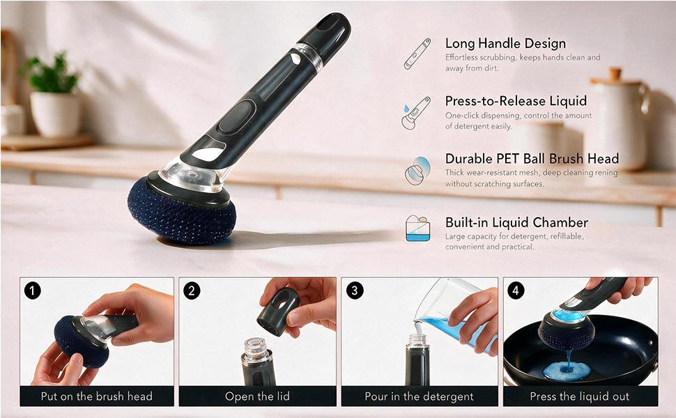 Kitchen Dish Brush with Soap Dispenser, Long Handle Cleaning Brush with 2 Brush Heads for Cookware, Sink and Kitchen Cleaning