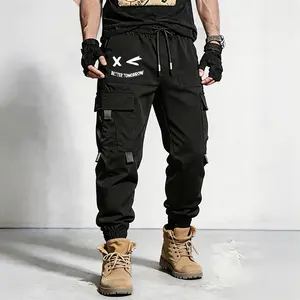 Men's cartoon face and letter print drawstring waist work pants, casual regular fit athletic pants, men's all-season trousers, men's street style casual pants, stylish dark gray Y2K clothing