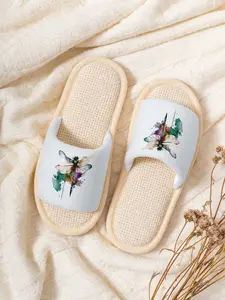 Watercolor Dragonfly Linen Slippers, Breathable Non-slip Casual Lightweight All Season House Shoes for Nature Lovers Women Men Family Daily Home Wear