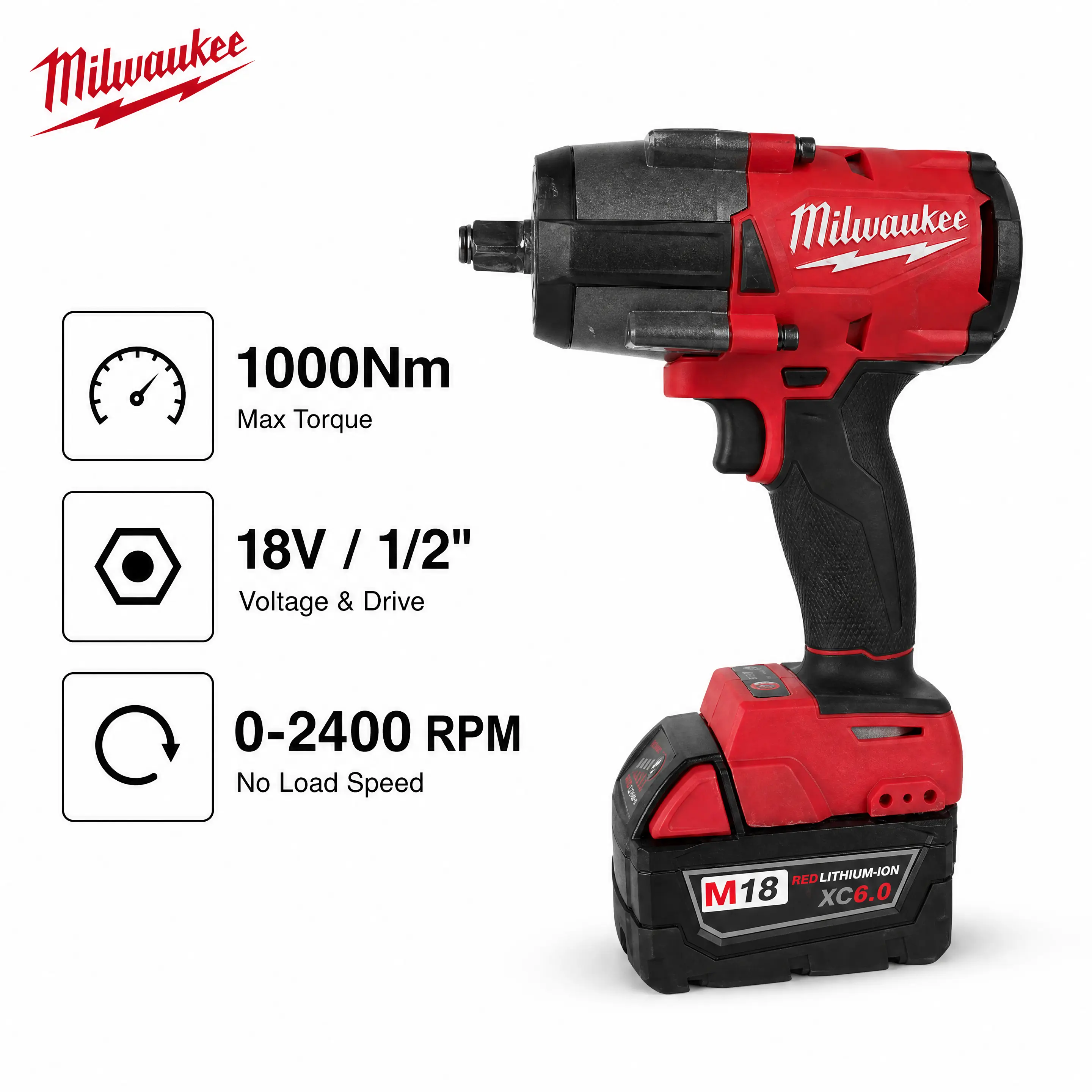 Milwaukee M18 FMTIWF12 18V Heavy-Duty Cordless 1/2" Square Drive Impact Wrench, 3 Adjustable Speed Modes, Delivers 1000Nm Torque, Ideal for Vehicle Overhaul & On-Site Construction Fastening, Compatible with Bolts Up to M22.