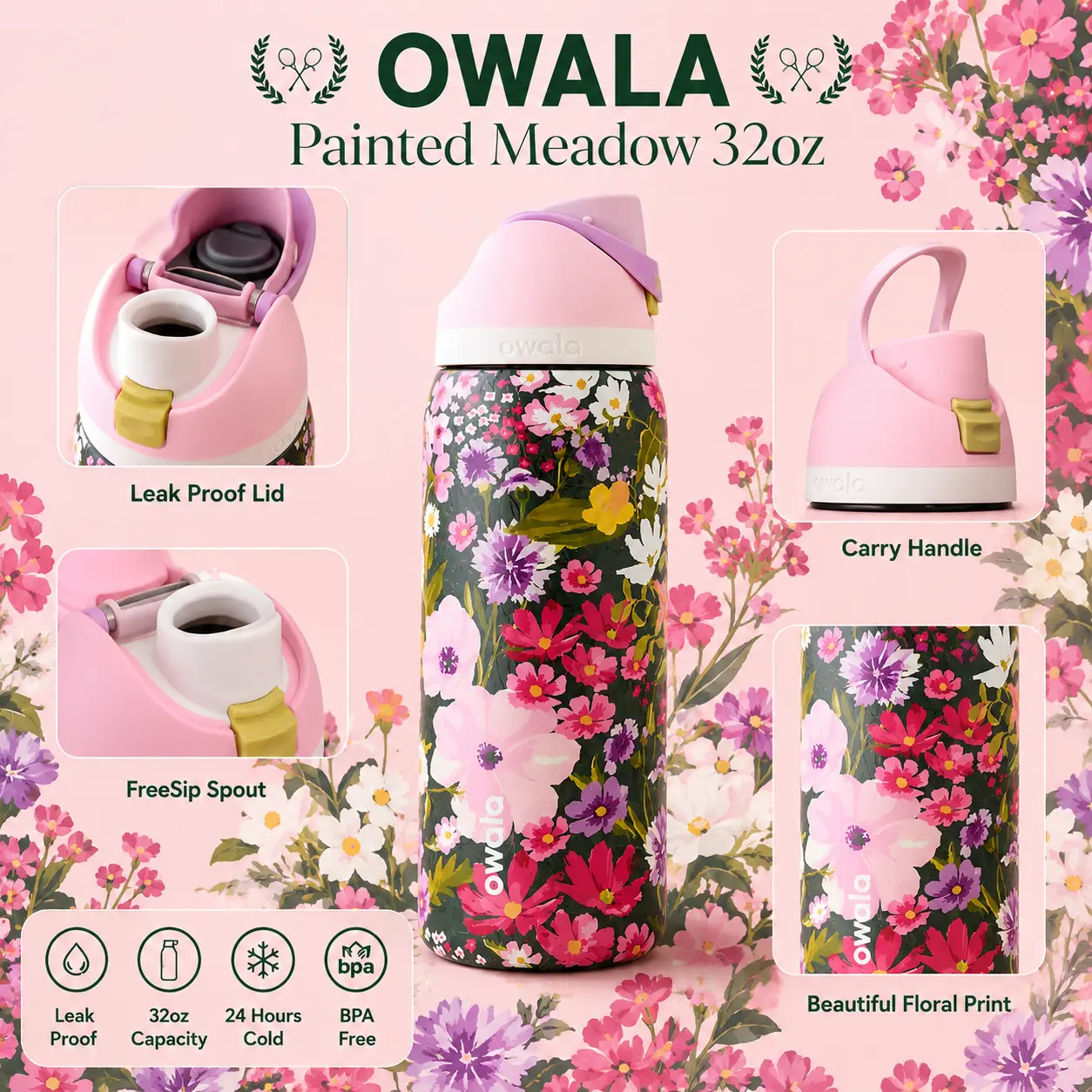Owala FreeSip 32oz Insulated Water Bottle - Insulation, Leak-Proof Lid, Stylish Painted Meadow Design, Sport Theme (UO Exclusive)