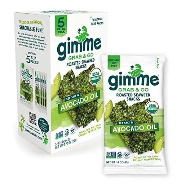 Gimme Seaweed Grab & Go Organic Premium Roasted Seaweed Snacks, Sea Salt & Avocado Oil, 5 Count Trayless, Keto, Vegan, Gluten-Free, Source of Omega3s, Healthy On-The-Go Snack for Kids & Adults