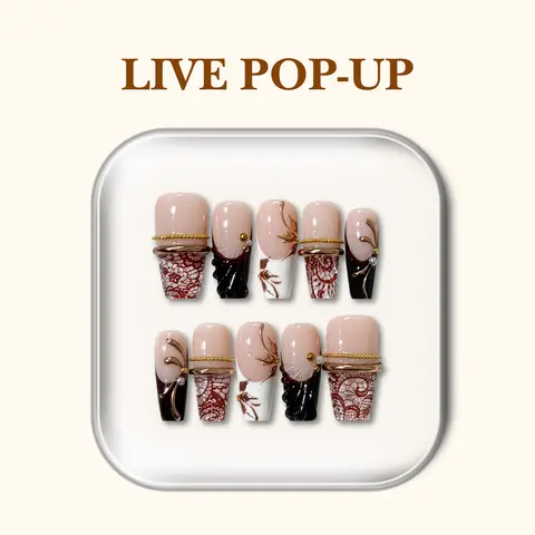 NailPhoria ANTIQUE VEIL - Fall Handmade Press-On Nails | Reusable, Salon-Quality, Long-Lasting, Glossy Design - Medium Coffin 25mm